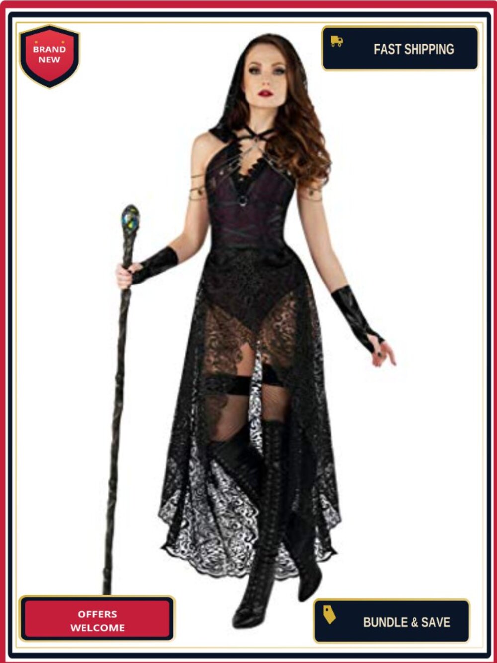 Dark Priestess Costume Romper Hood Gloves Adult Women
